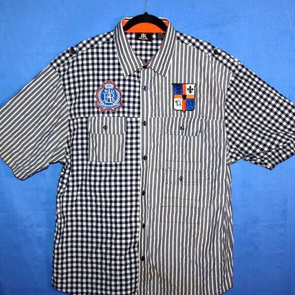 Red Ape Patchwork Button Down Shirt Blue Gray 2XL